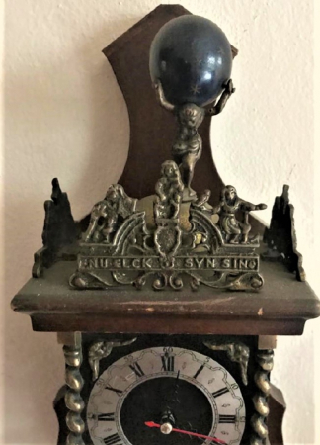 NETHERLANDS Pendulum CLOCK BRONZE AND WOODEN BRONZE SCULPTURE WITH THE WORLD ON THE TOP